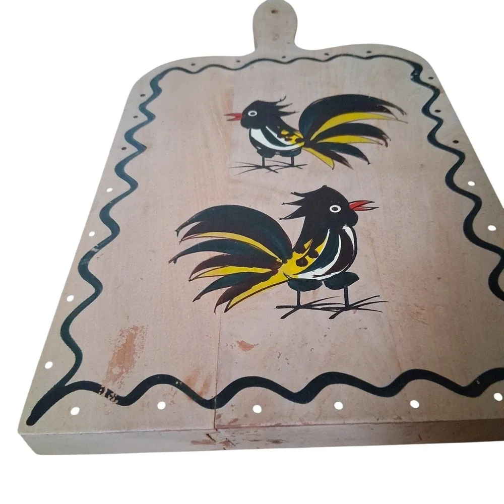 VTG Wooden Colorful Hand Painted Cutting Board Handle WOODPECKERS Japan READ